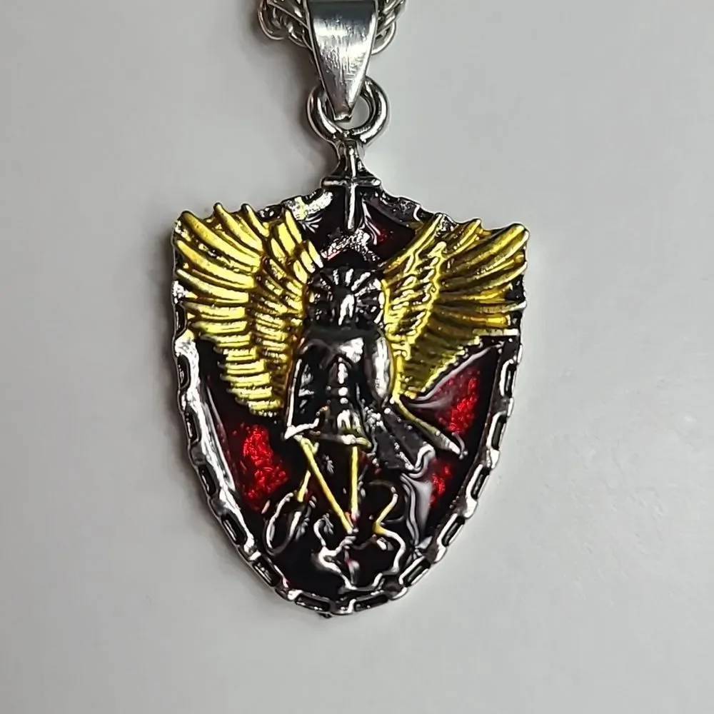 Saint Michael Shield Necklace Archangel Pendant Protection Stainless Steel 24